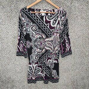 White House Black Market Top Womens Medium Black Tunic Scoop Neck Paisley Ladies